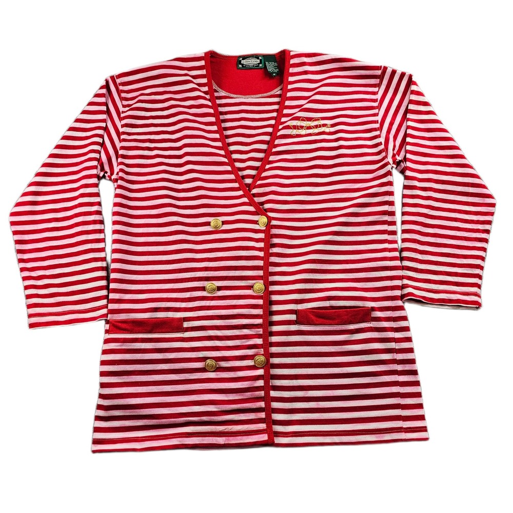 La Chine Knitwear Galinda Wang Cardigan Womens‎ M Red Pink Striped Button Front